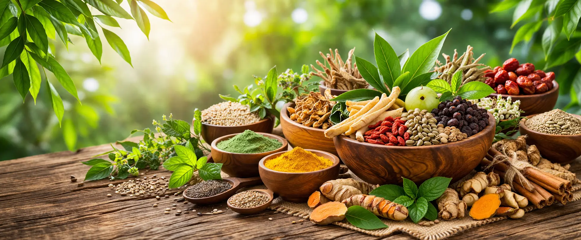 Ayurvedic herbs and superfoods arrangement