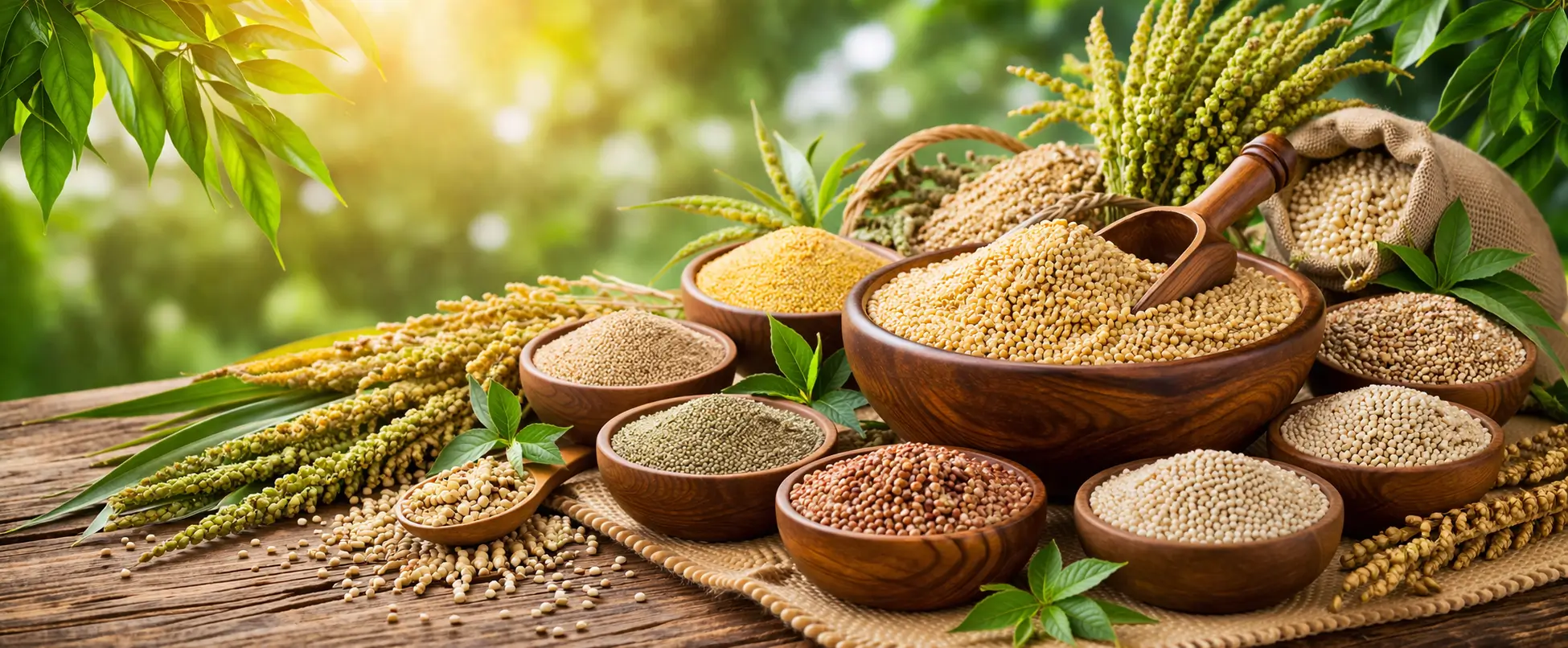 Organic grain display under warm sunlight